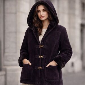 Vintage Gallery Plum Suede Shearling Hooded Coat Toggle Jacket Womens Medium